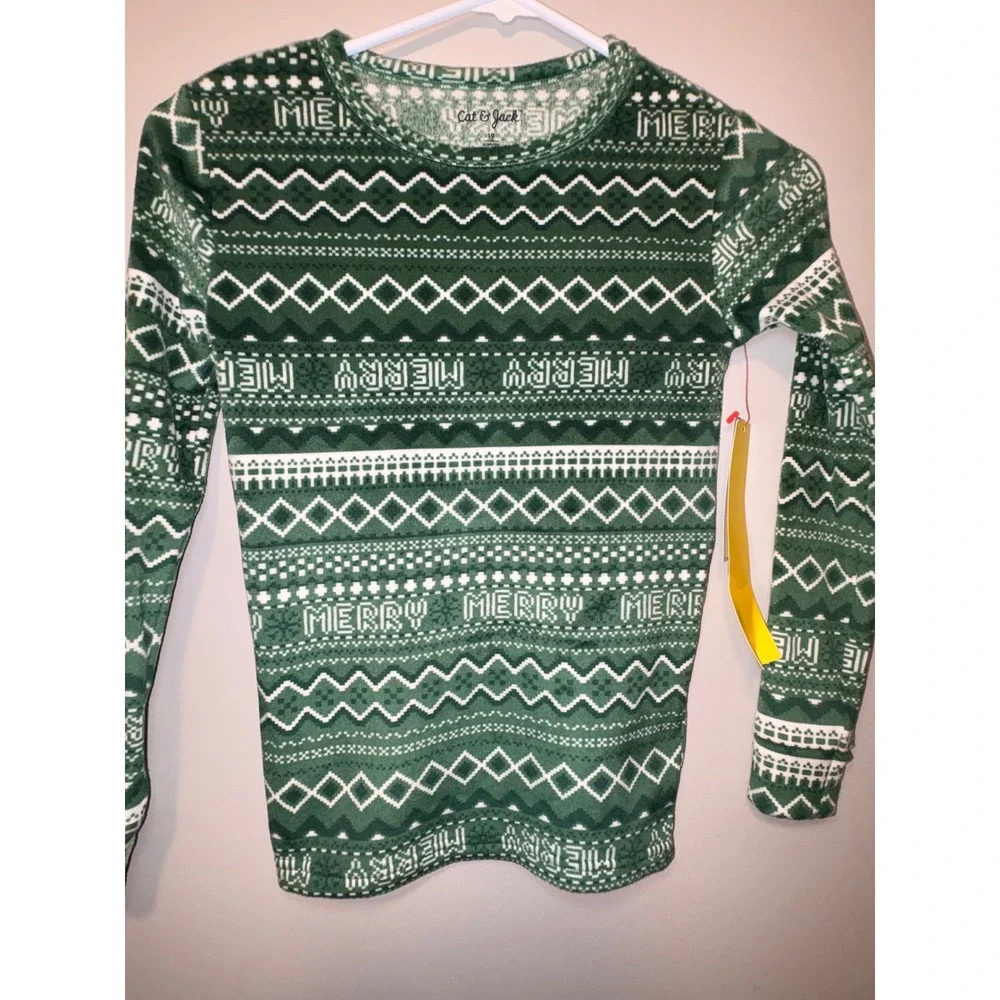 Cat & Jack Kids Green Fair Isle Merry Christmas Pajama Top Size 10 Long Sleeve